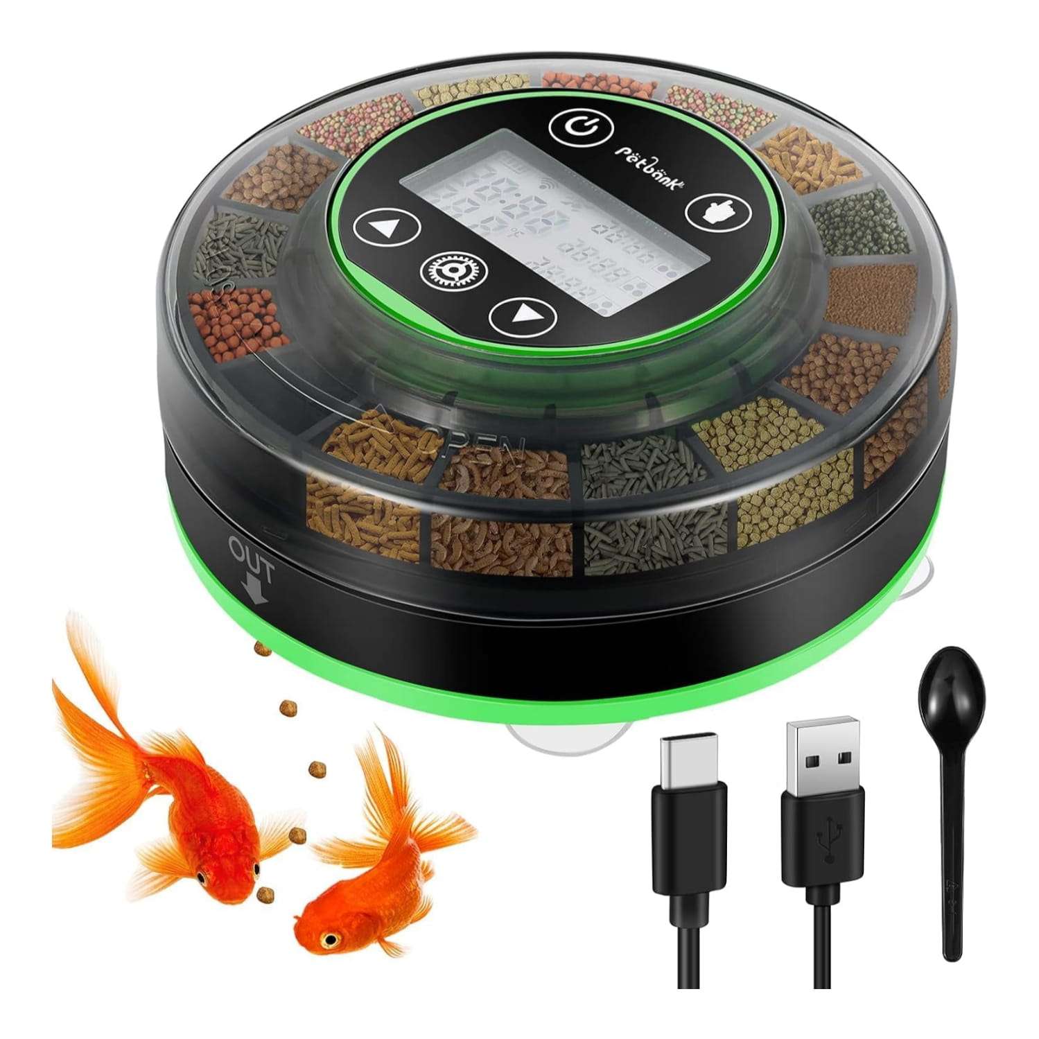 Comedero automático para acuario Petbank recargable por USB. Cuenta con 16 compartimentos de dosificación, pantalla LCD y diseño sellado resistente a la humedad. Compatible con pellets y polvos.