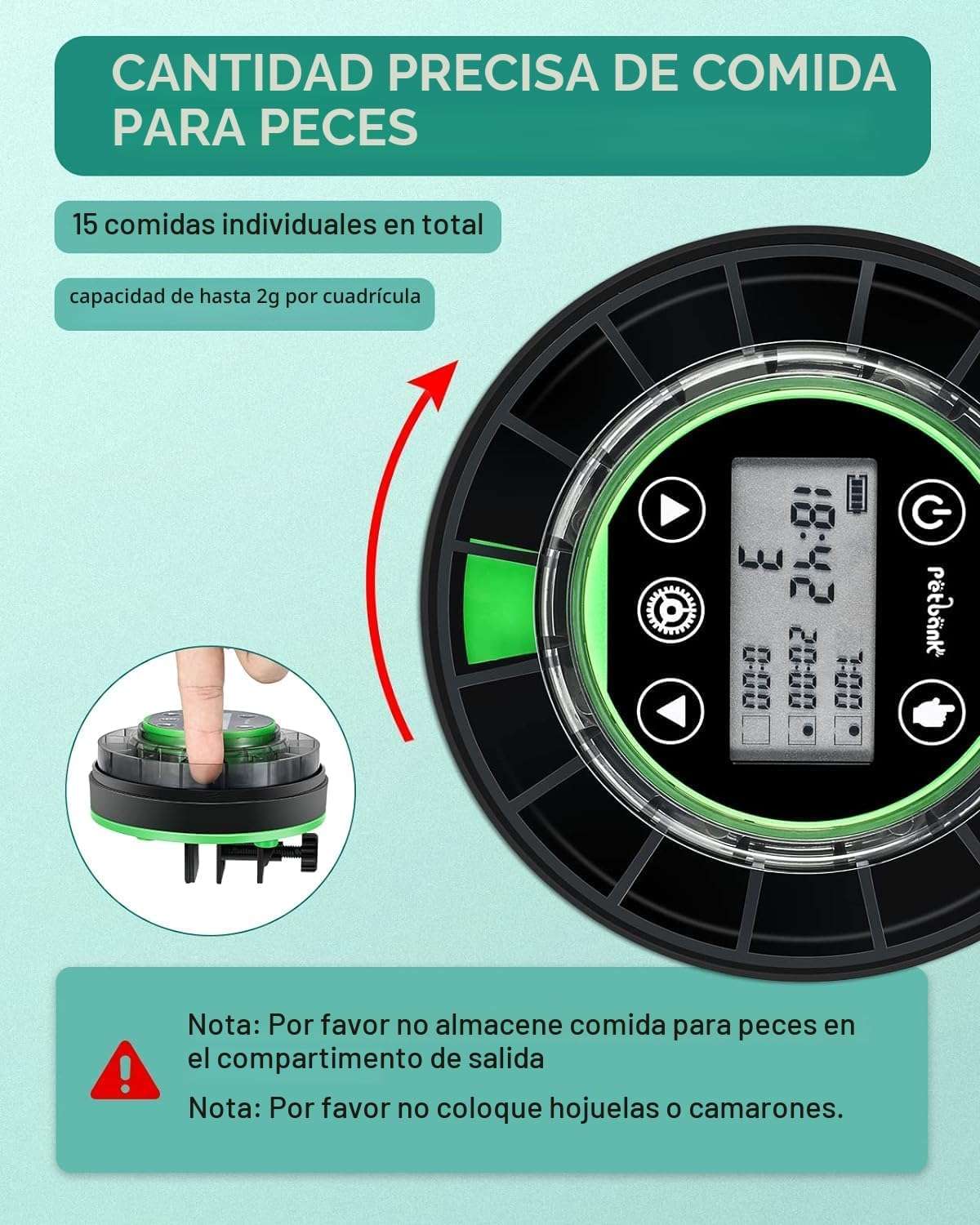 Comedero automático para acuario Petbank recargable por USB. Cuenta con 16 compartimentos de dosificación, pantalla LCD y diseño sellado resistente a la humedad. Compatible con pellets y polvos.