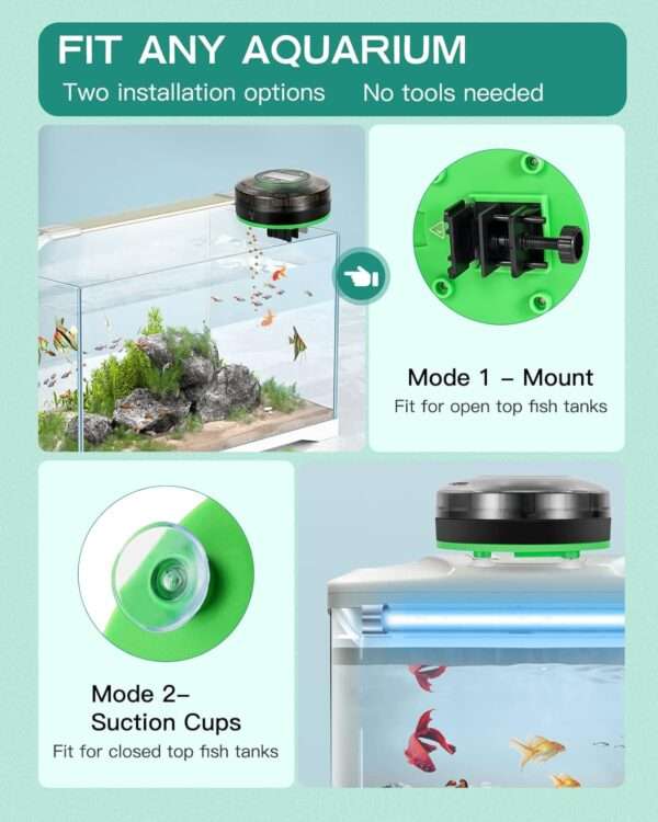 Comedero automático para acuario Petbank recargable por USB. Cuenta con 16 compartimentos de dosificación, pantalla LCD y diseño sellado resistente a la humedad. Compatible con pellets y polvos.