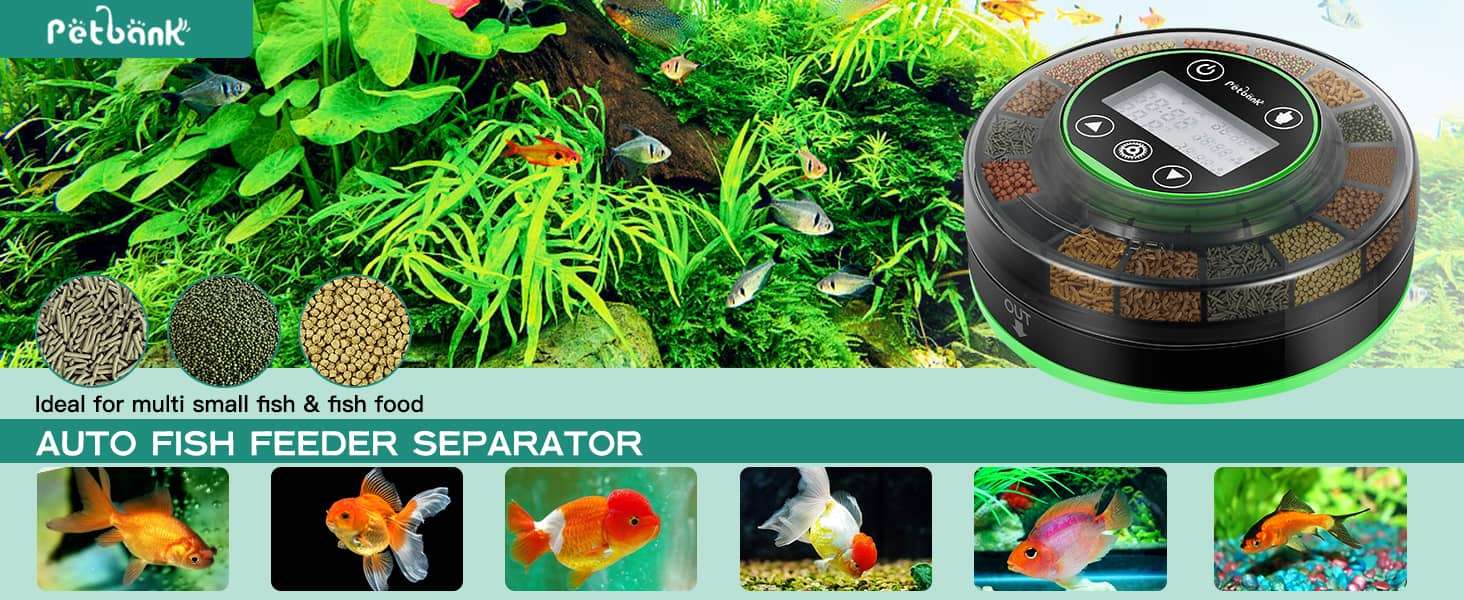 Comedero automático para acuario Petbank recargable por USB. Cuenta con 16 compartimentos de dosificación, pantalla LCD y diseño sellado resistente a la humedad. Compatible con pellets y polvos.