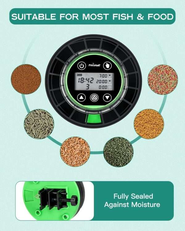 Comedero automático para acuario Petbank recargable por USB. Cuenta con 16 compartimentos de dosificación, pantalla LCD y diseño sellado resistente a la humedad. Compatible con pellets y polvos.