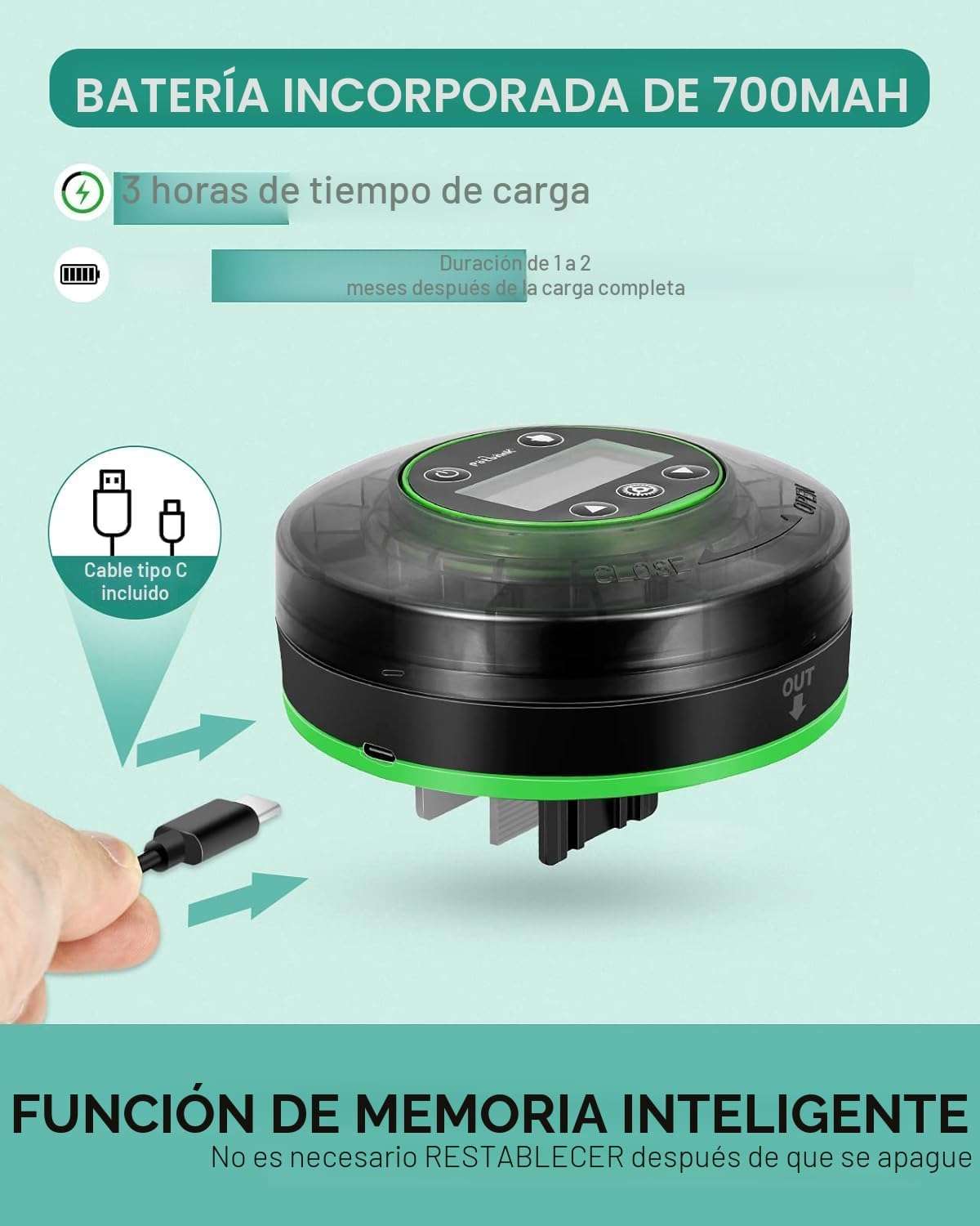 Comedero automático para acuario Petbank recargable por USB. Cuenta con 16 compartimentos de dosificación, pantalla LCD y diseño sellado resistente a la humedad. Compatible con pellets y polvos.