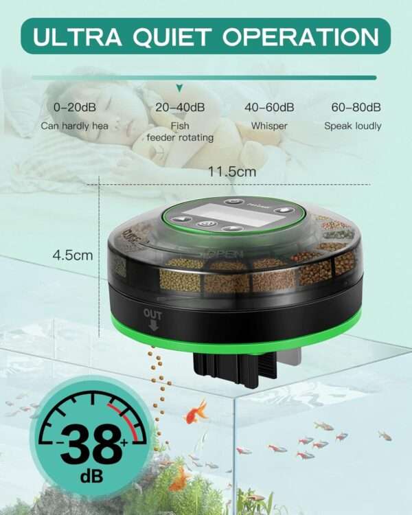 Comedero automático para acuario Petbank recargable por USB. Cuenta con 16 compartimentos de dosificación, pantalla LCD y diseño sellado resistente a la humedad. Compatible con pellets y polvos.