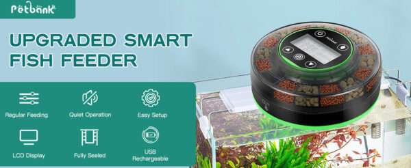 Comedero automático para acuario Petbank recargable por USB. Cuenta con 16 compartimentos de dosificación, pantalla LCD y diseño sellado resistente a la humedad. Compatible con pellets y polvos.