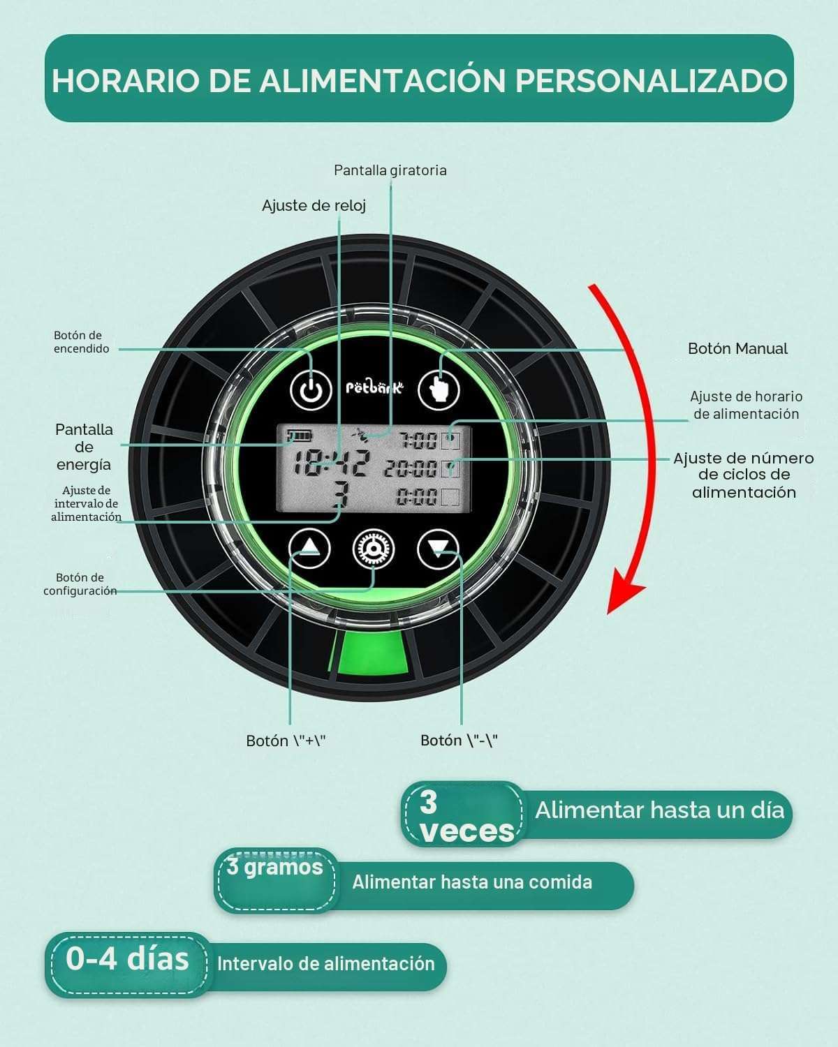 Comedero automático para acuario Petbank recargable por USB. Cuenta con 16 compartimentos de dosificación, pantalla LCD y diseño sellado resistente a la humedad. Compatible con pellets y polvos.