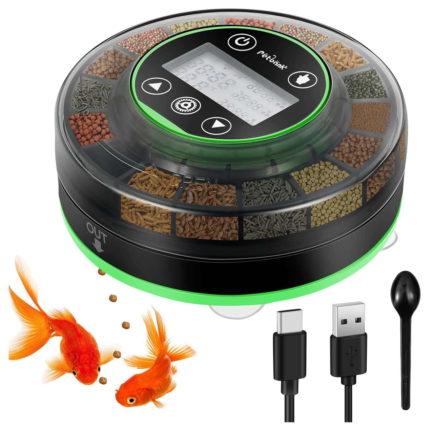 Comedero automático para acuario Petbank recargable por USB. Cuenta con 16 compartimentos de dosificación, pantalla LCD y diseño sellado resistente a la humedad. Compatible con pellets y polvos.