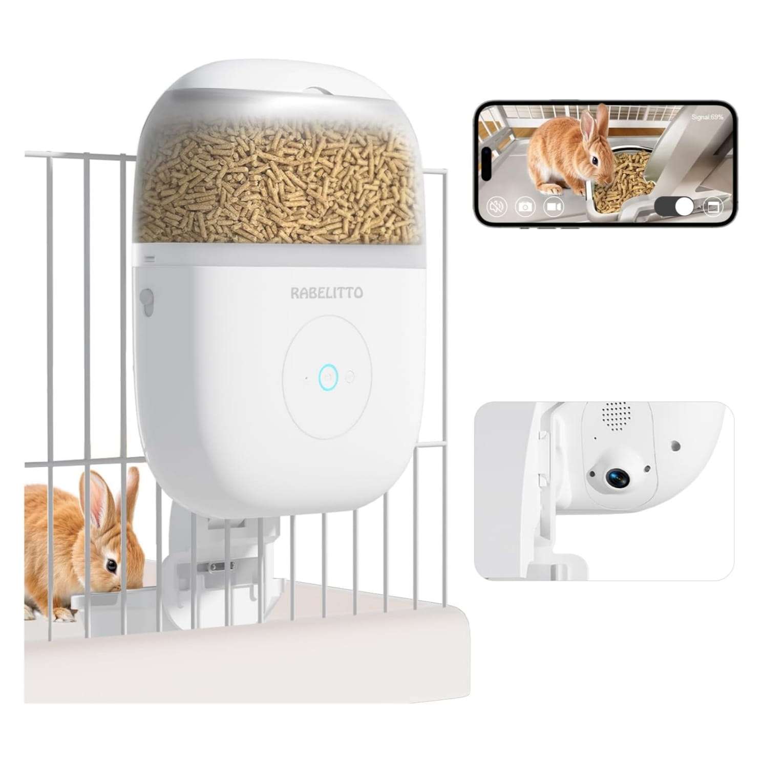 Comedero inteligente con cámara 1080P y WiFi, para conejos o cobayas, con diseño colgante para jaula y doble fuente de poder (62 oz).