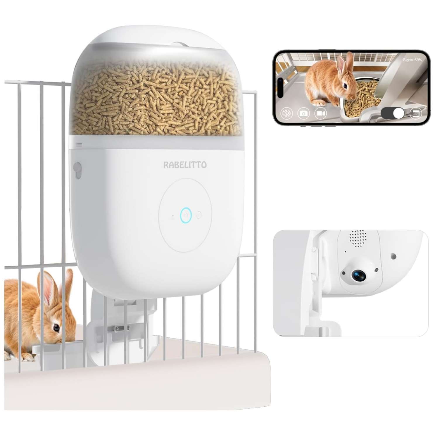 Comedero inteligente con cámara 1080P y WiFi, para conejos o cobayas, con diseño colgante para jaula y doble fuente de poder (62 oz).