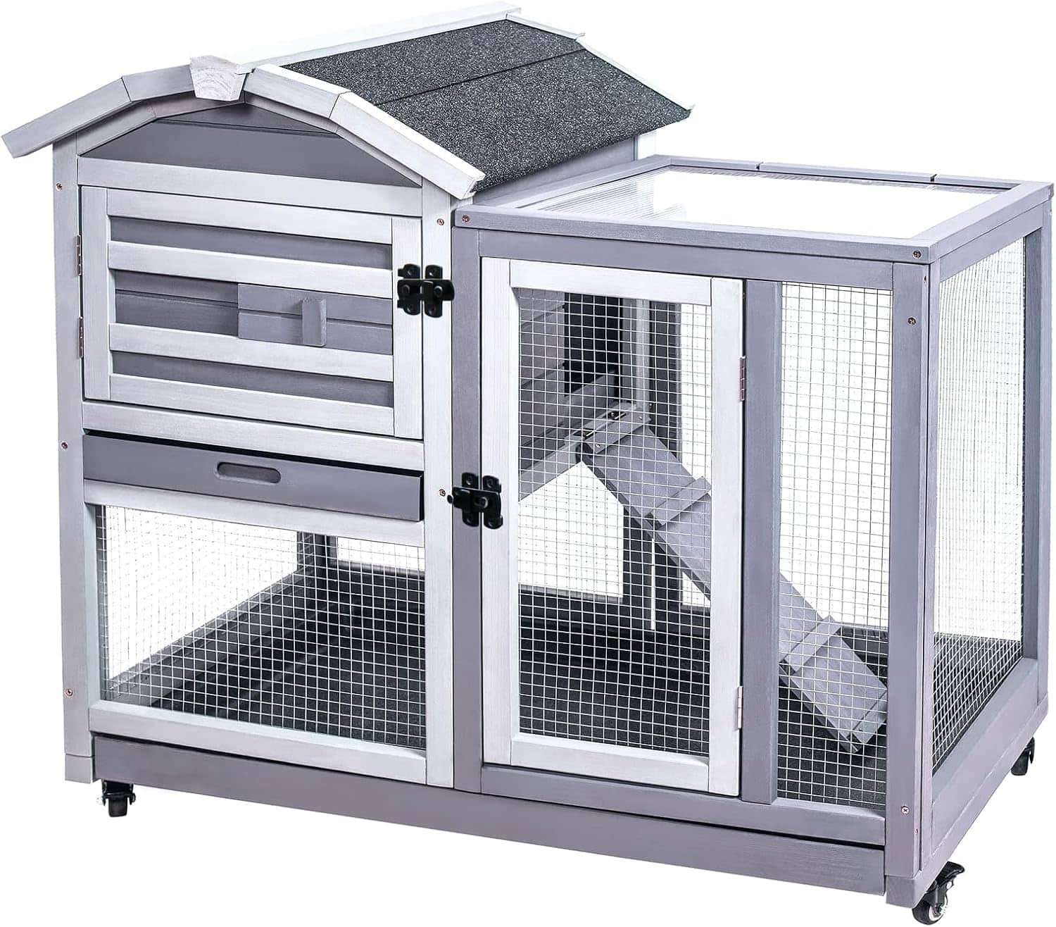 Jaula de madera impermeable de 2 pisos para conejos y cobayas (cuyes) con techo asfáltico y bandejas de limpieza fácil.
