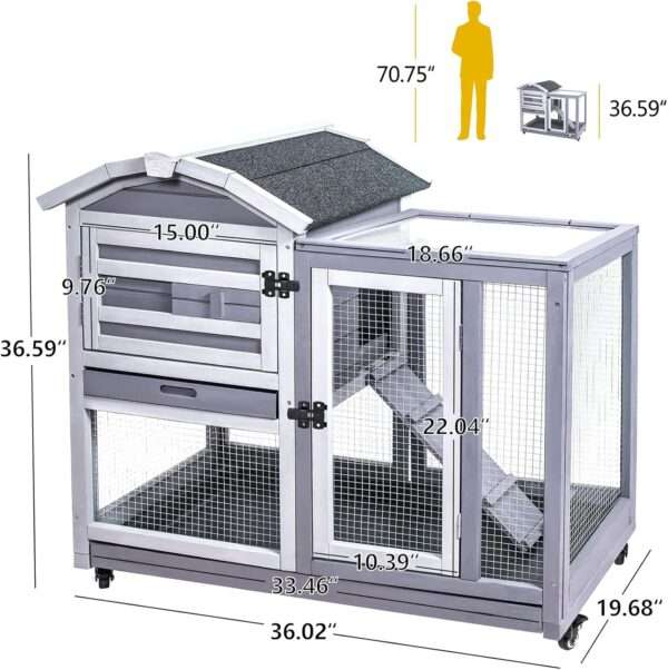 Jaula de madera impermeable de 2 pisos para conejos y cobayas (cuyes) con techo asfáltico y bandejas de limpieza fácil.