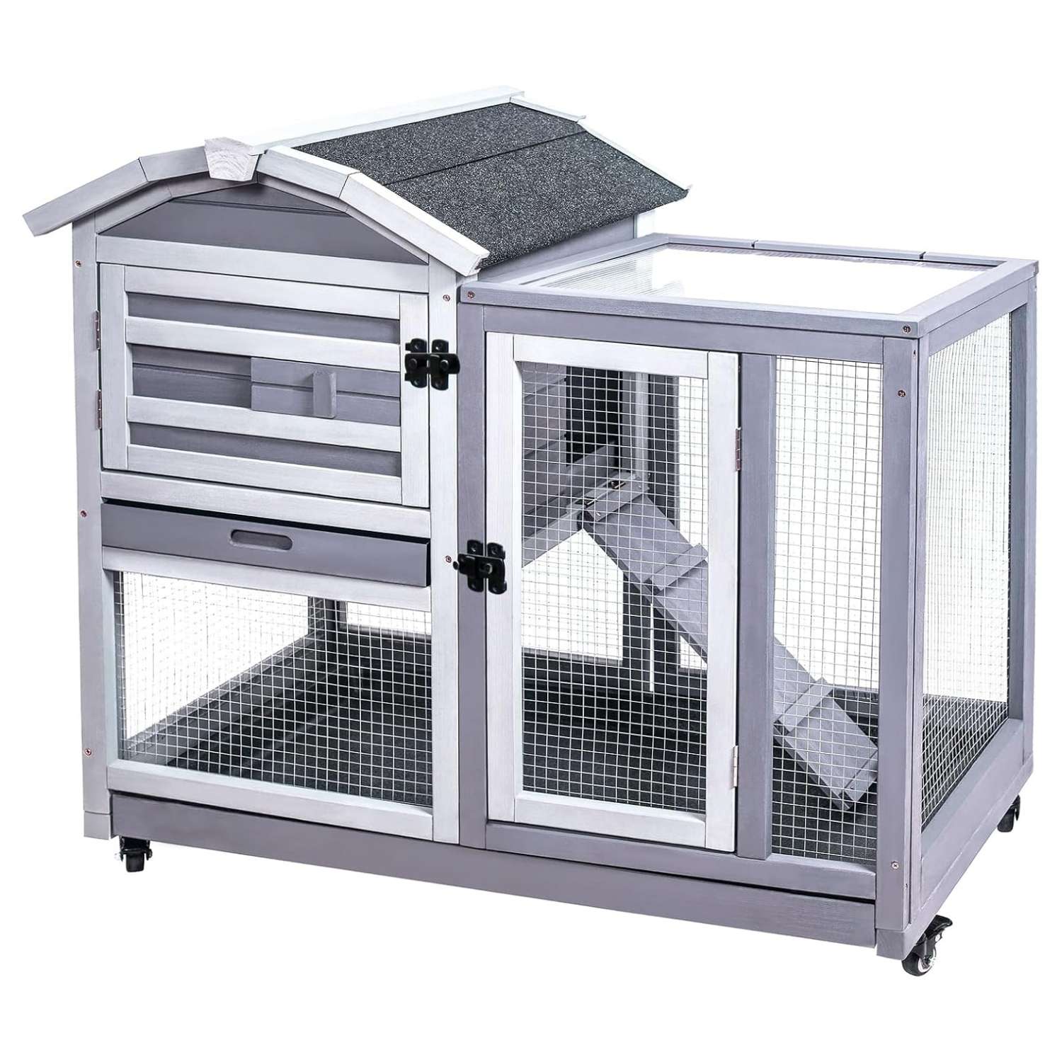 Jaula de madera impermeable de 2 pisos para conejos y cobayas (cuyes) con techo asfáltico y bandejas de limpieza fácil.