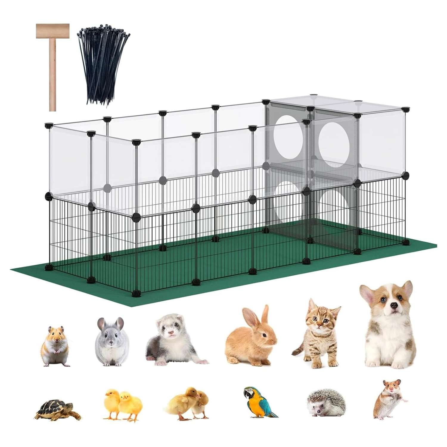 Corral Jaula Modular Alto (61 cm) 36 Paneles | Diseño Transparente y Malla para Conejos, Cuy y Roedores | Incluye Alfombrillas Oxford.