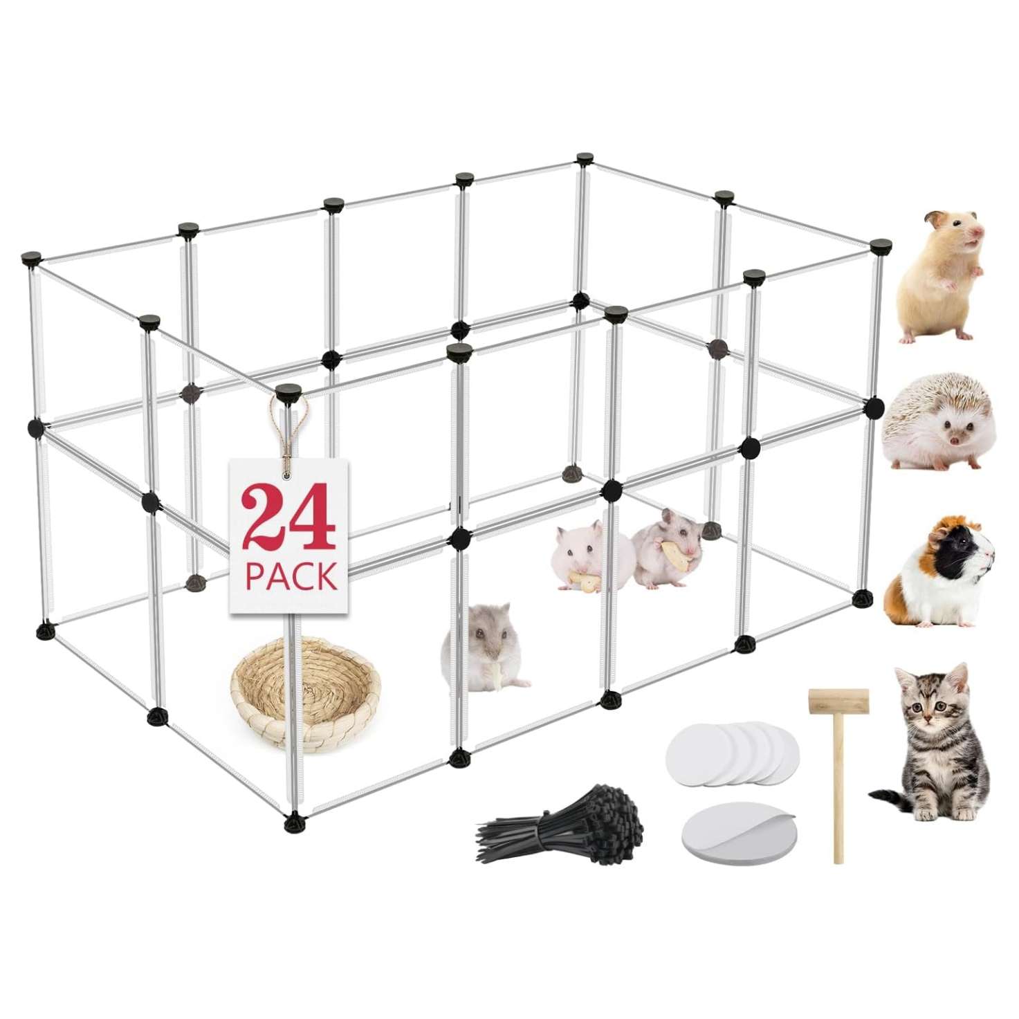 Corral Modular Transparente XL (122x61x71 cm) | Jaula armable de 24 paneles para Conejos, Cuy y Roedores | Plástico fácil de limpiar.