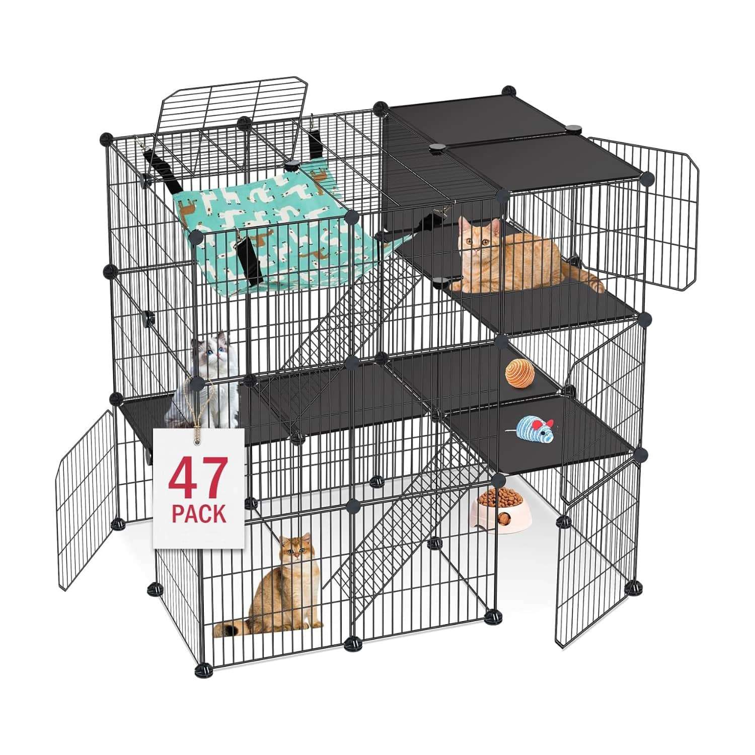 Corral Jaula 3 Niveles (91x61x91 cm) para Gatos | Estructura de metal con 5 puertas, rampa y hamaca para interior.