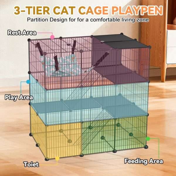 Corral Jaula 3 Niveles (91x61x91 cm) para Gatos | Estructura de metal con 5 puertas, rampa y hamaca para interior.