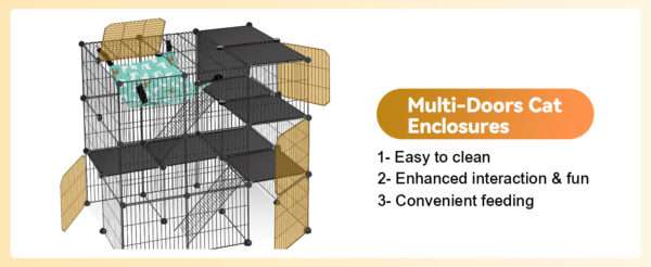 Corral Jaula 3 Niveles (91x61x91 cm) para Gatos | Estructura de metal con 5 puertas, rampa y hamaca para interior.