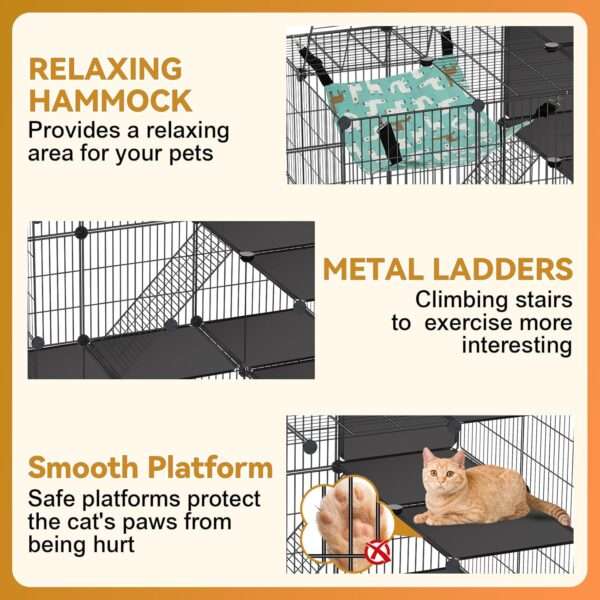 Corral Jaula 3 Niveles (91x61x91 cm) para Gatos | Estructura de metal con 5 puertas, rampa y hamaca para interior.