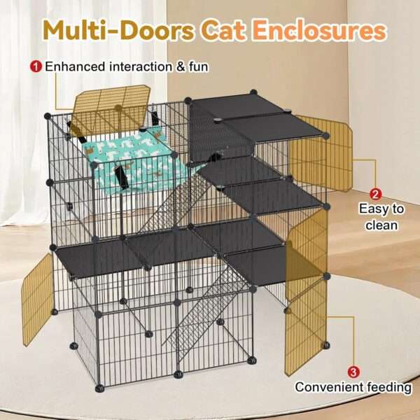 Corral Jaula 3 Niveles (91x61x91 cm) para Gatos | Estructura de metal con 5 puertas, rampa y hamaca para interior.