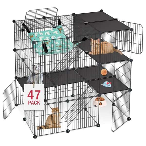 Corral Jaula 3 Niveles (91x61x91 cm) para Gatos | Estructura de metal con 5 puertas, rampa y hamaca para interior.
