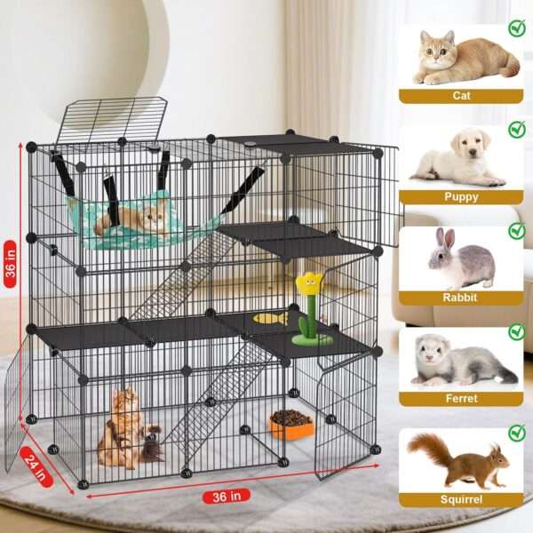 Corral Jaula 3 Niveles (91x61x91 cm) para Gatos | Estructura de metal con 5 puertas, rampa y hamaca para interior.