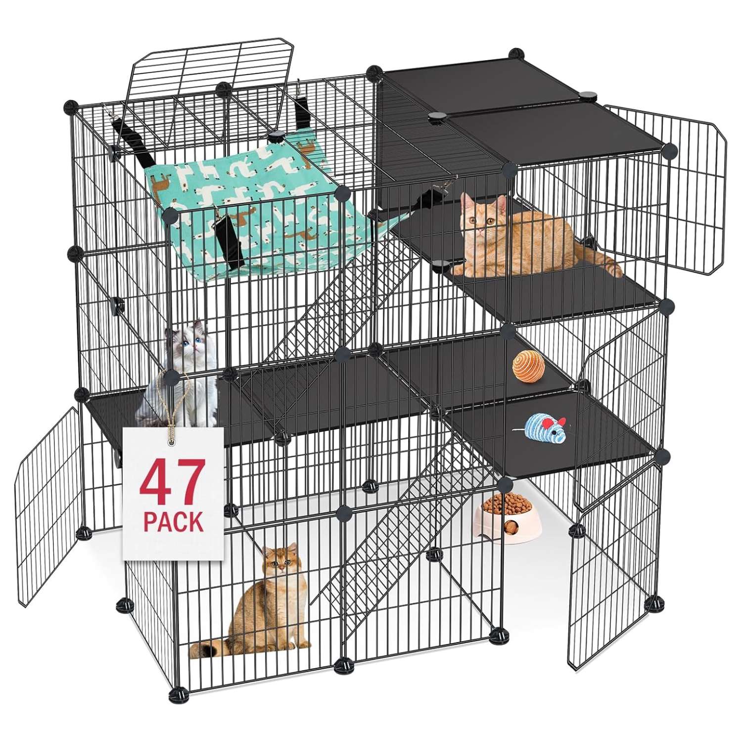 Corral Jaula 3 Niveles (91x61x91 cm) para Gatos | Estructura de metal con 5 puertas, rampa y hamaca para interior.