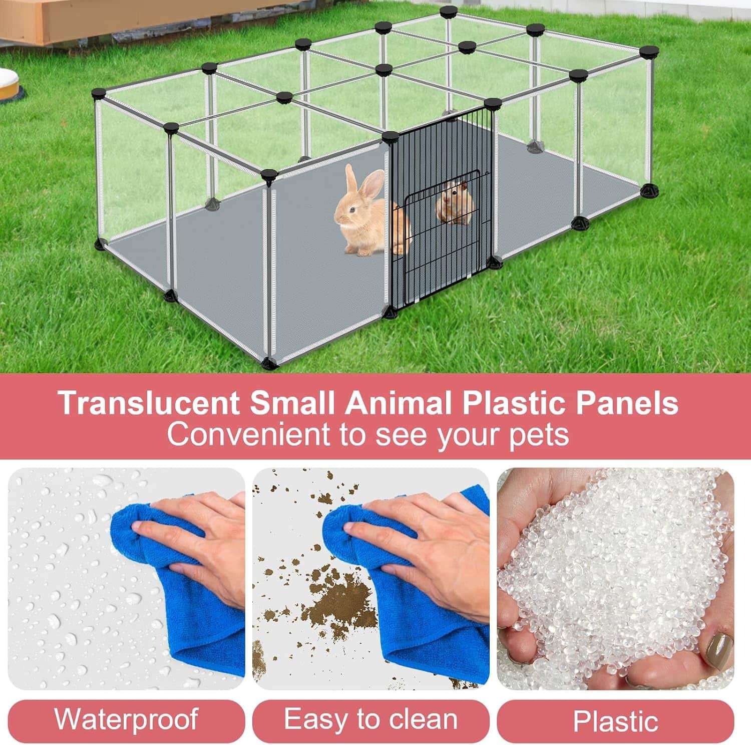 Corral Modular Transparente con Techo (122x61x41 cm) | Jaula Anti-Salto con Base Impermeable | Ideal para Conejos y Cuy.