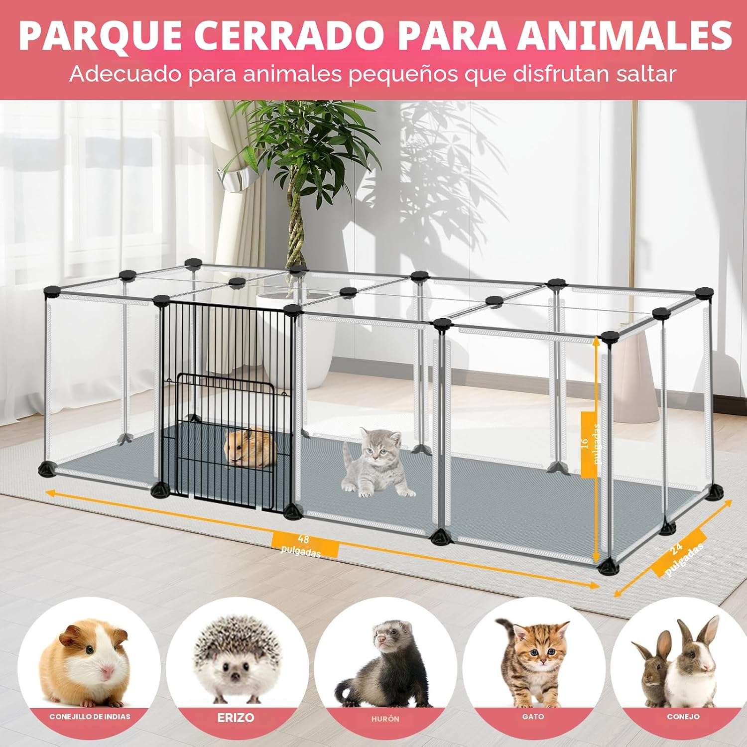 Corral Modular Transparente con Techo (122x61x41 cm) | Jaula Anti-Salto con Base Impermeable | Ideal para Conejos y Cuy.