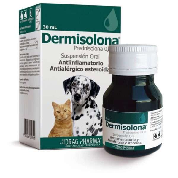 Dermisolona Suspension Oral (Prednisolona). Antiinflamatorio esteroidal y antialergico para perros y gatos. Inmunosupresor.