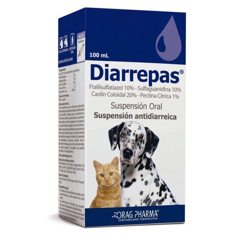 Diarrepas Suspensión Oral 100 mL. Antidiarreico para perros y gatos. Trata diarreas infecciosas, con Caolín y Pectina.