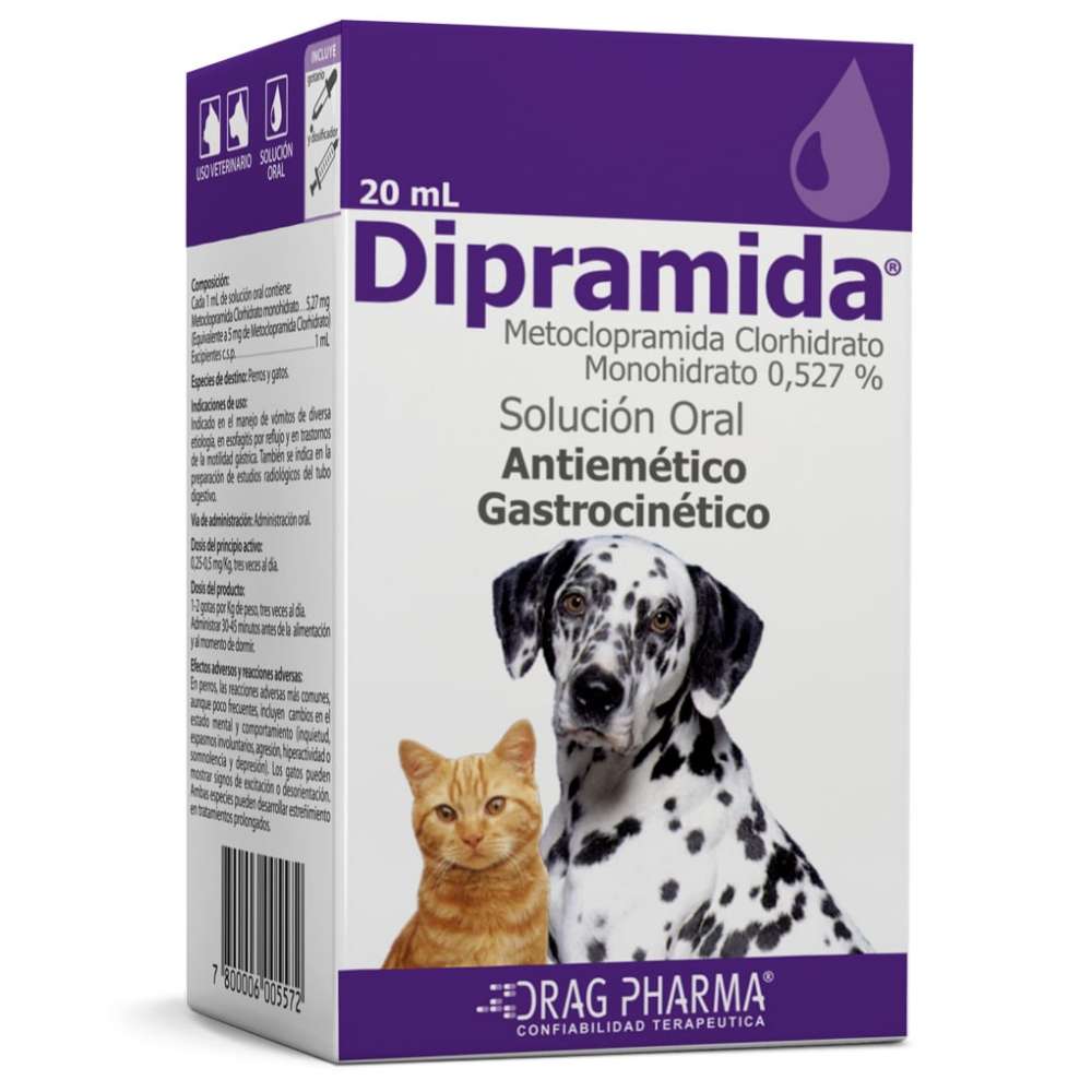 Dipramida Solución Oral 20 mL (Drag Pharma). Antiemético con Metoclopramida para controlar vómitos y reflujo en perros y gatos
