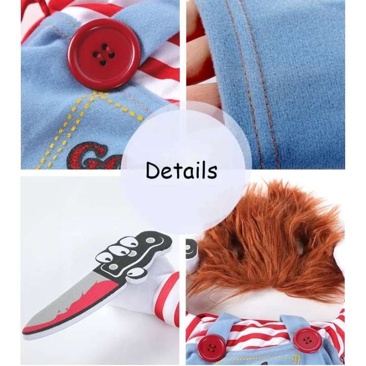 Disfraz de Halloween para perro 'Mini Chucky' asesino (3 piezas). Polera con efecto 3D, peluca roja y cuchillo de utilería de espuma. Tallas S, M, L, XL.