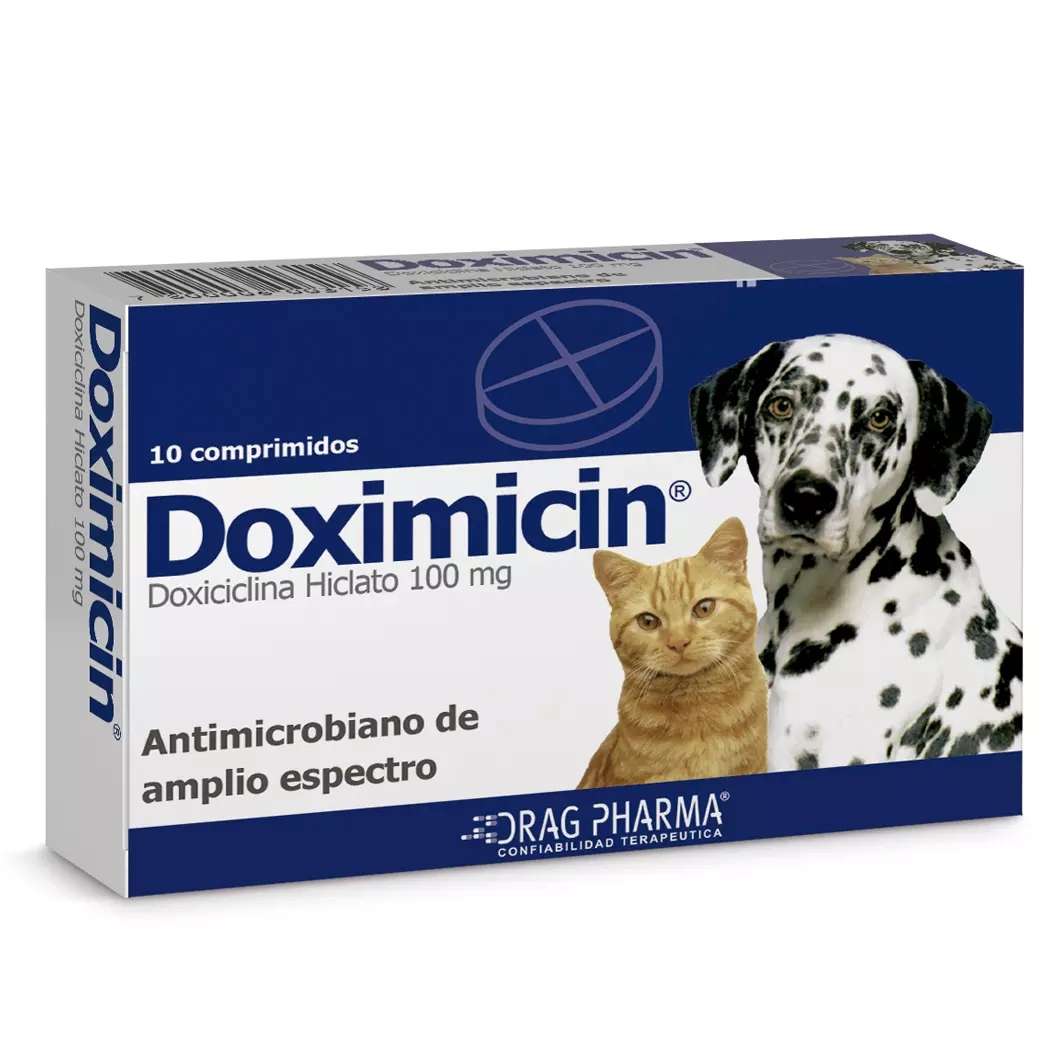 Doximicin 100 mg (Doxiciclina) x 10 Comprimidos. Antibiótico de amplio espectro para perros y gatos. Trata infecciones respiratorias y de piel.