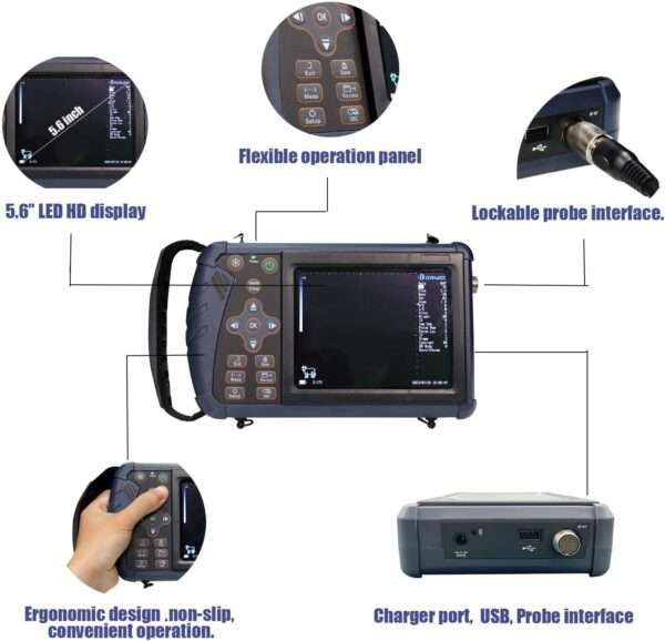 Ecógrafo Veterinario Portátil DAWEI con Sonda Microconvexa 5.0 MHz. Diagnóstico de Embarazo en Perros, Gatos, Conejos. Diseño Resistente a Caídas.