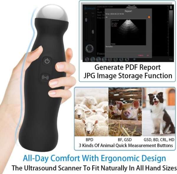 Ecógrafo Inalámbrico WIFI compatible con Android. Sonda IP67 Impermeable para Diagnóstico de Gestación y Medición de Grasa Dorsal en animales.