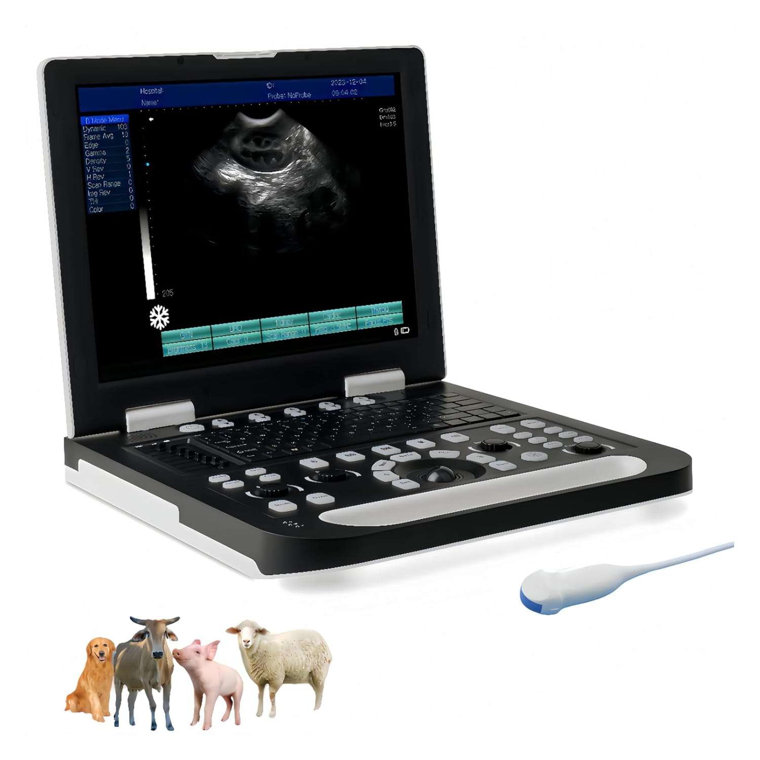 Ecografo veterinario portatil HD con opciones de sondas compatibles para el diagnostico animal.