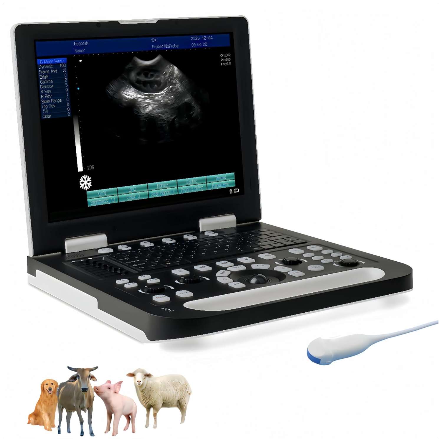 Ecógrafo Veterinario Portátil Pantalla 15" HD. Incluye Sonda Microconvexa 6.5 MHz. Diagnóstico Multiespecie (Perros, Gatos, Ganado).