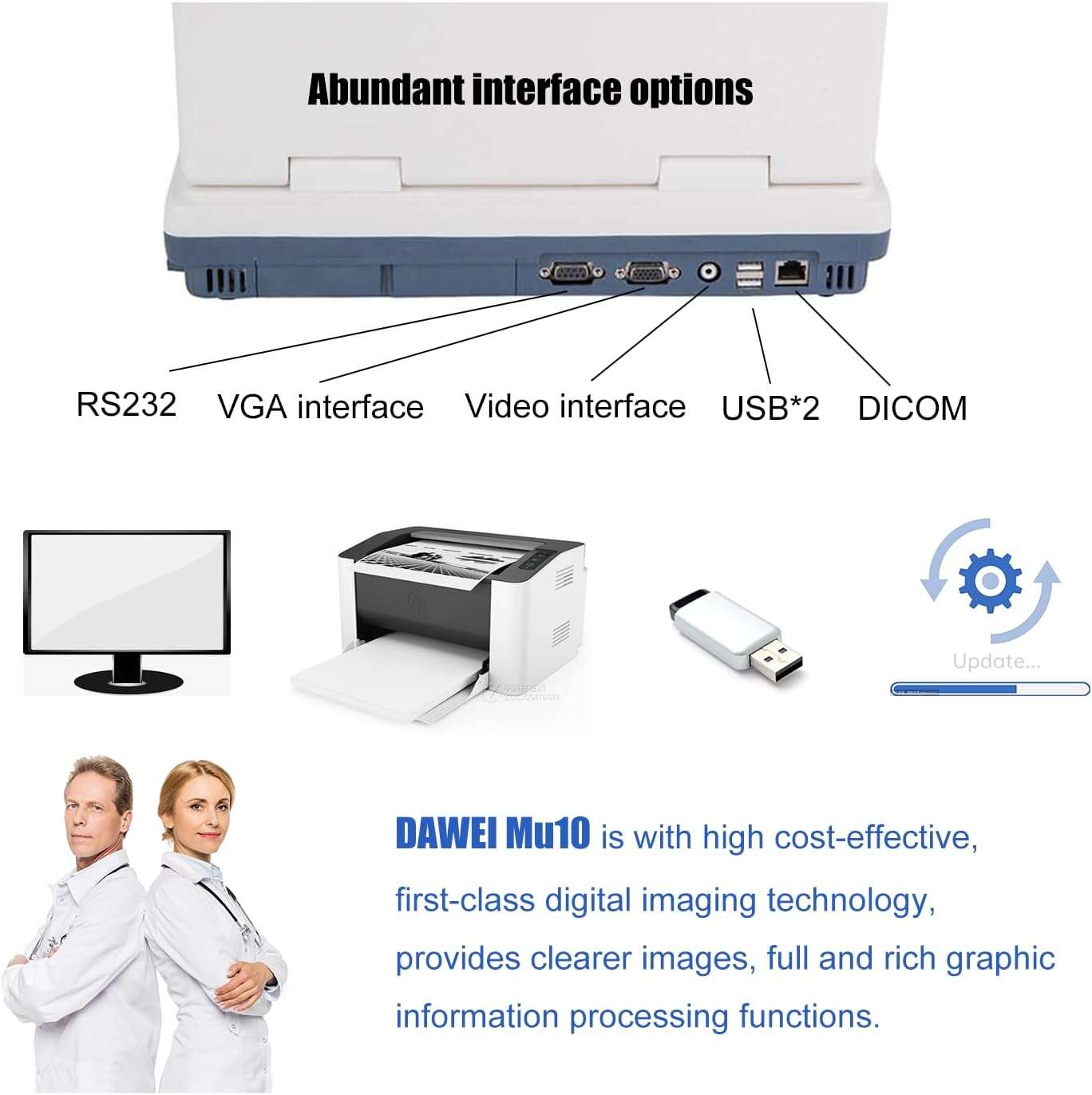 Ecógrafo Veterinario Portátil DAWEI MU10 con Pantalla HD 12.1 pulgadas. Incluye Sonda Micro-Convex para diagnóstico animal. Batería de larga duración (4 horas de trabajo).