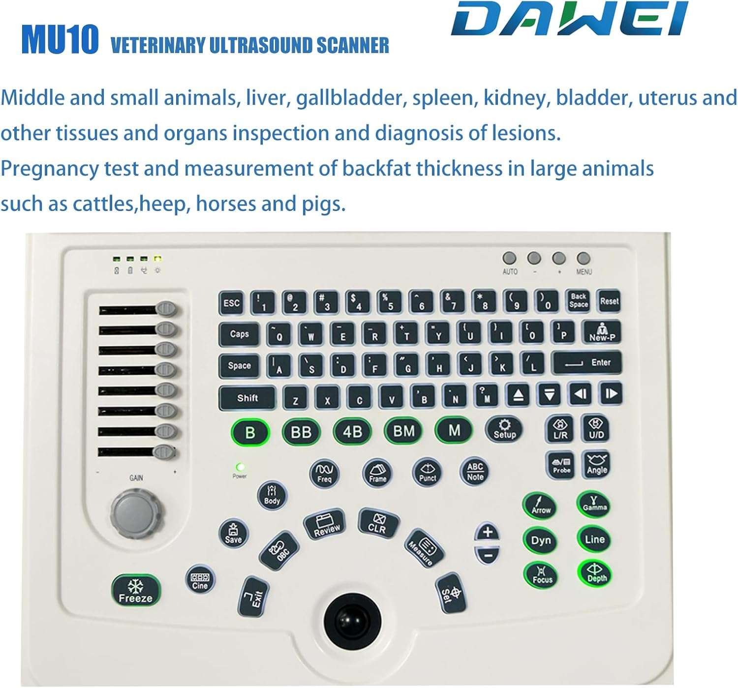 Ecógrafo Veterinario Portátil DAWEI MU10 con Pantalla HD 12.1 pulgadas. Incluye Sonda Micro-Convex para diagnóstico animal. Batería de larga duración (4 horas de trabajo).