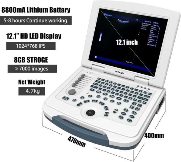 Ecógrafo Veterinario Portátil DAWEI MU10 con Pantalla HD 12.1 pulgadas. Incluye Sonda Micro-Convex para diagnóstico animal. Batería de larga duración (4 horas de trabajo).