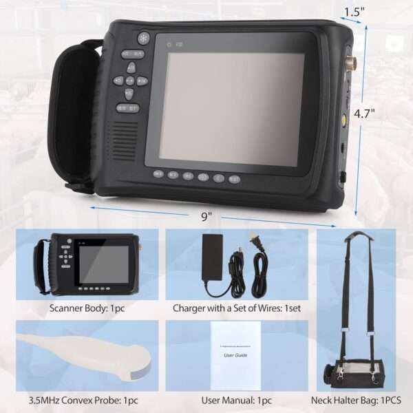 Ecógrafo Veterinario Portátil Multiespecie (816 g). Incluye Sonda Microconvexa 5.0 MHz. 4-6 horas de Batería para Registro Digital en campo.