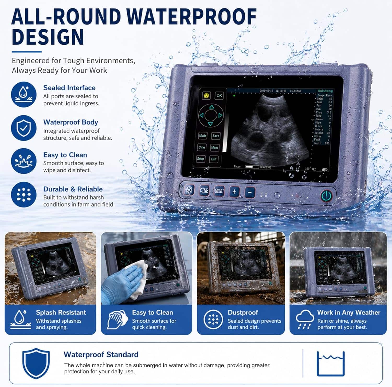 Ecógrafo Veterinario Portátil Táctil 8" HD. Incluye Sonda Convexa 3.5 MHz. 8 Horas de Batería para Diagnóstico Multiespecie.