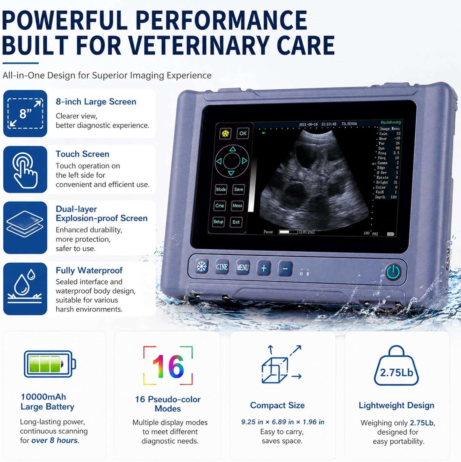 Ecógrafo Veterinario Portátil Táctil 8" HD. Incluye Sonda Convexa 3.5 MHz. 8 Horas de Batería para Diagnóstico Multiespecie.