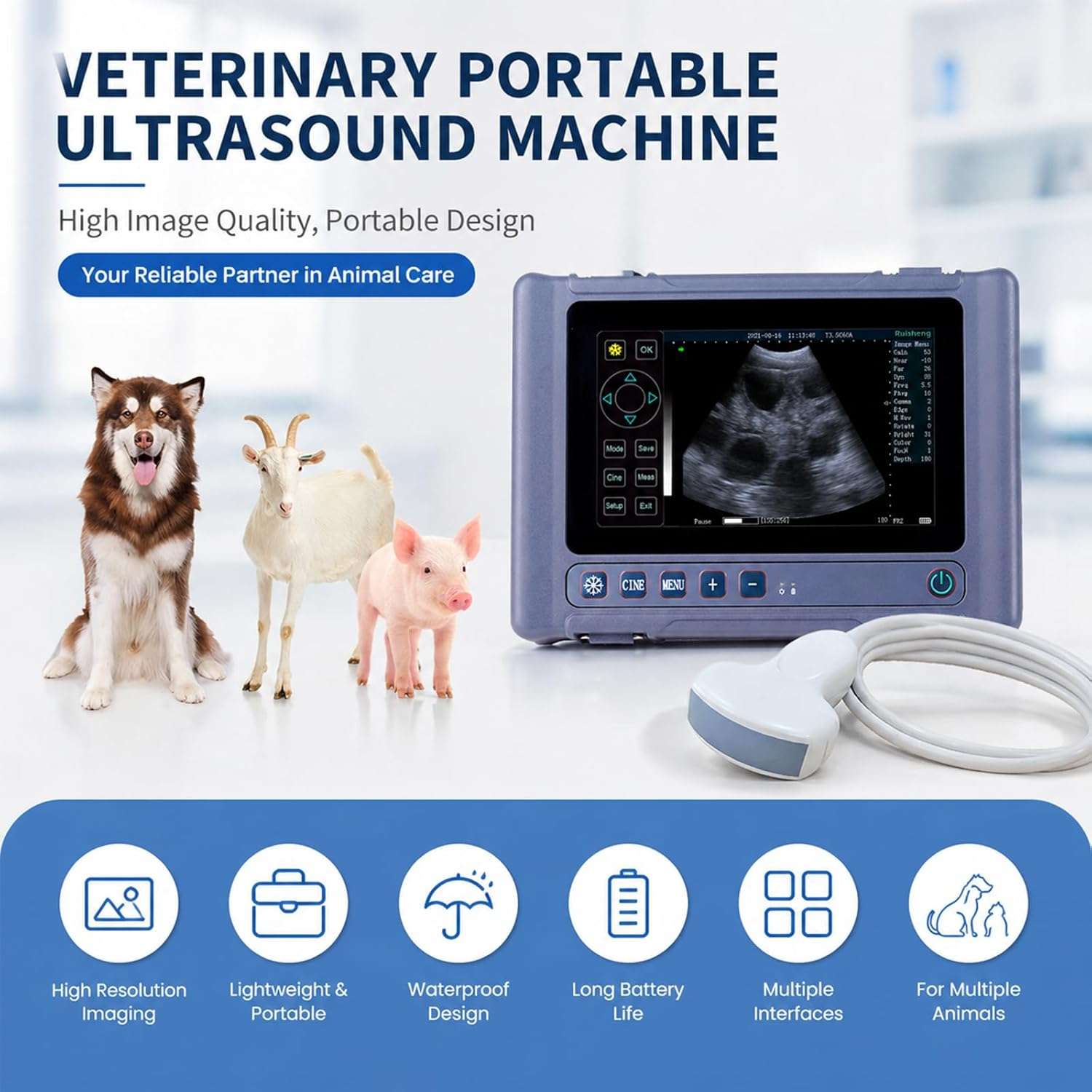 Ecógrafo Veterinario Portátil Táctil 8" HD. Incluye Sonda Convexa 3.5 MHz. 8 Horas de Batería para Diagnóstico Multiespecie.