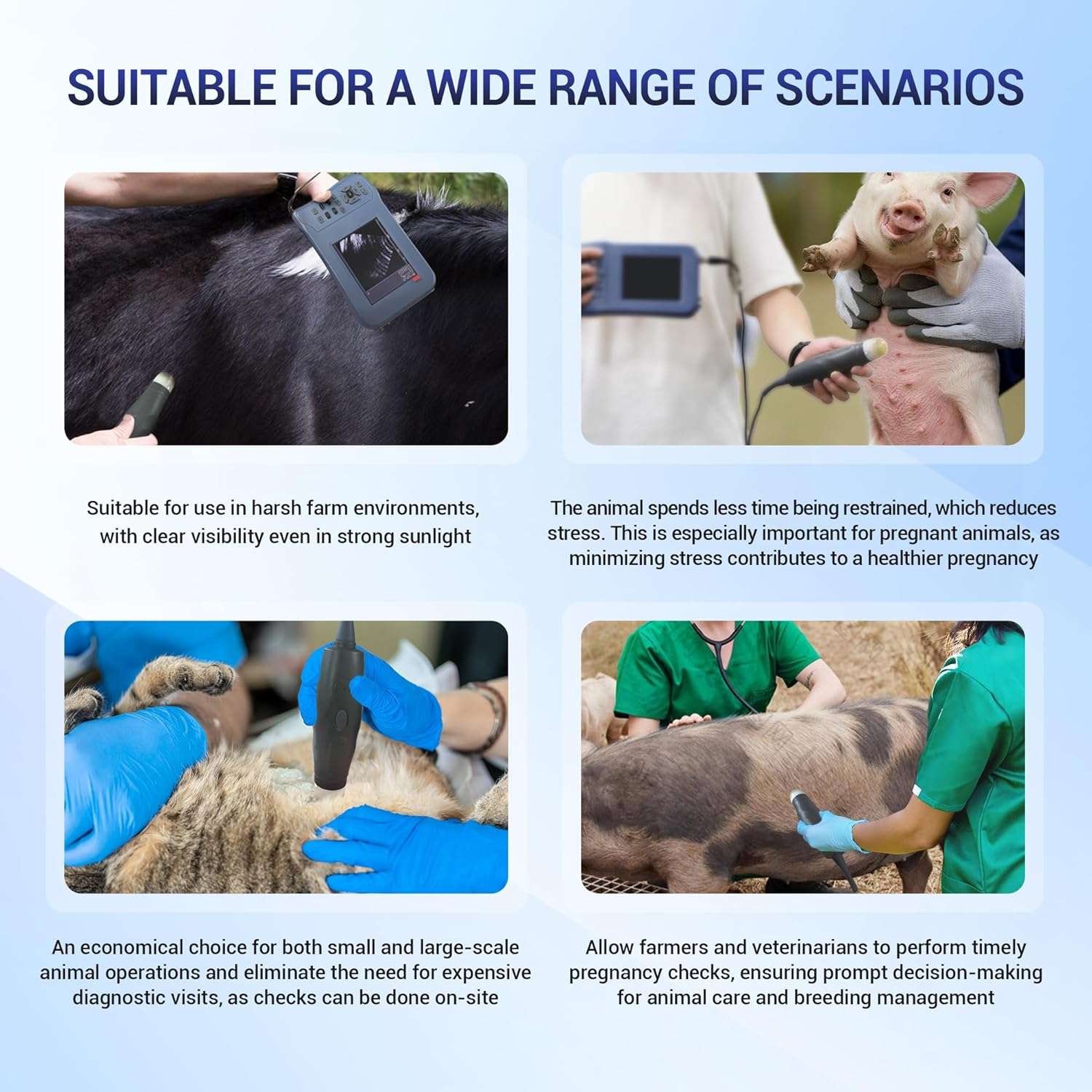Ecografo veterinario de mano ultra liviano con pantalla HD y sonda de escaneo mecanico.