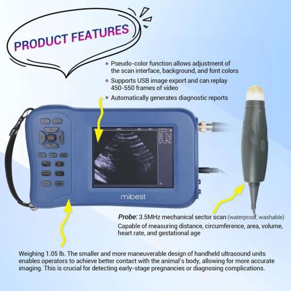 Ecógrafo Veterinario de Mano Ultra-Liviano (476 g). Incluye Sonda Mecánica 3.5 MHz Impermeable para Diagnóstico de Gestación en campo.