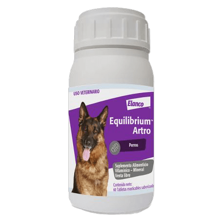Equilibrium Artro (Elanco). Suplemento masticable para perros. Contiene Glucosamina, Condroitina, Colágeno y Omega 3. Soporte articular y alivio del dolor.