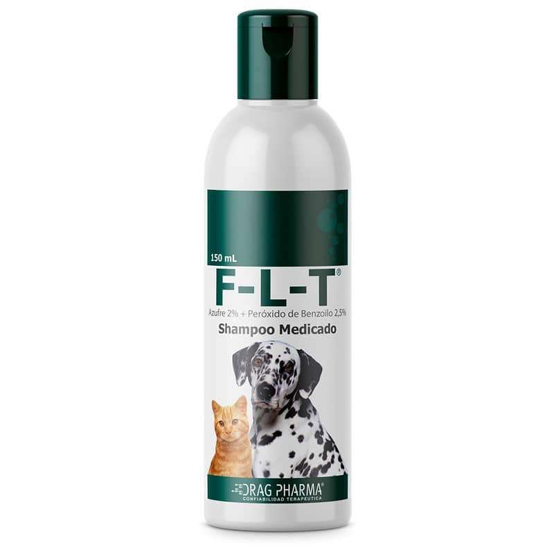 F-L-T Shampoo Medicado 150 mL. Tratamiento para dermatitis, seborrea y sarna. Contiene azufre 2 por ciento y peroxido de benzoilo.