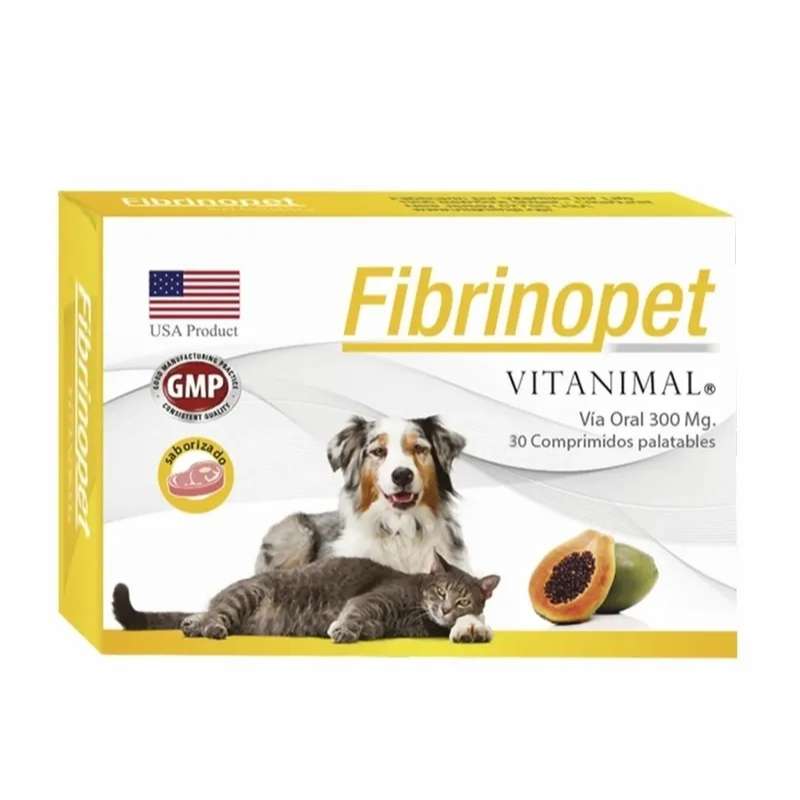 Fibrinopet Vitanimal suplemento. Antiinflamatorio enzimático natural con Papaína. Ayuda a controlar hematomas, edemas e inflamaciones en perros y gatos.