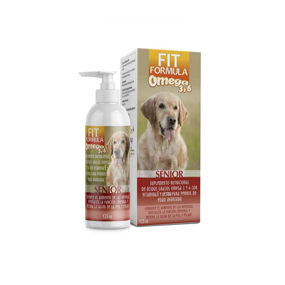 Fit Formula Omega 3 y 6 Senior. Aceites naturales con Vitamina E para perros de edad avanzada. Apoya el pelaje, sistema nervioso y cardiovascular.