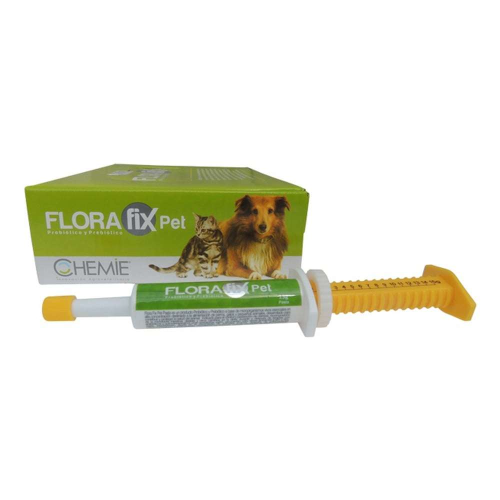 Flora Fix Pet, suplemento simbiótico para perros y gatos. Contiene probióticos y prebióticos para salud intestinal, digestión y absorción de nutrientes.